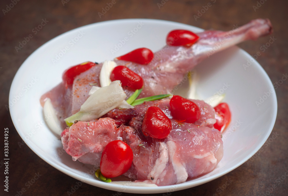Raw Rabbit Meat, Rear Leg Cuts of Hare Seasoned with Fresh onion, cherry tomatoes and Spices in a white plate Raw Rabbit Meat, Rear Leg Cuts of Hare Seasoned with Fresh onion, cherry tomatoes and Spices in a white plate