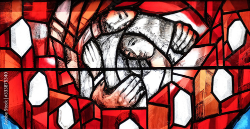 God cares for His own and strengthens them in their life path, detail of stained glass window by Sieger Koder in St. John church in Piflas, Germany