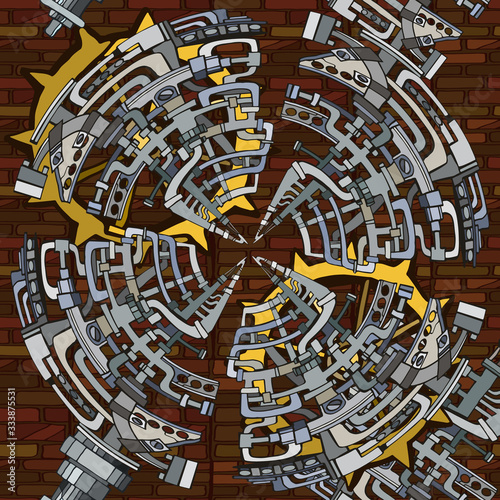 Vector seamless pattern. Abstract industrial background with fictional gearwheels and abstract details of machines illustrating retro technology or steampunk concept. Hand drawn.