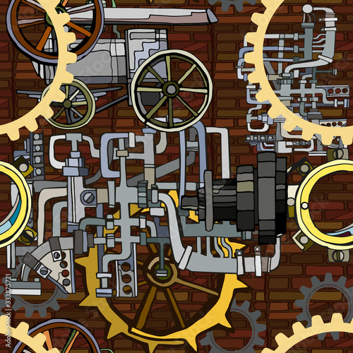 Vector seamless pattern. Abstract industrial background with fictional gearwheels and abstract details of machines illustrating retro technology or steampunk concept. Hand drawn.