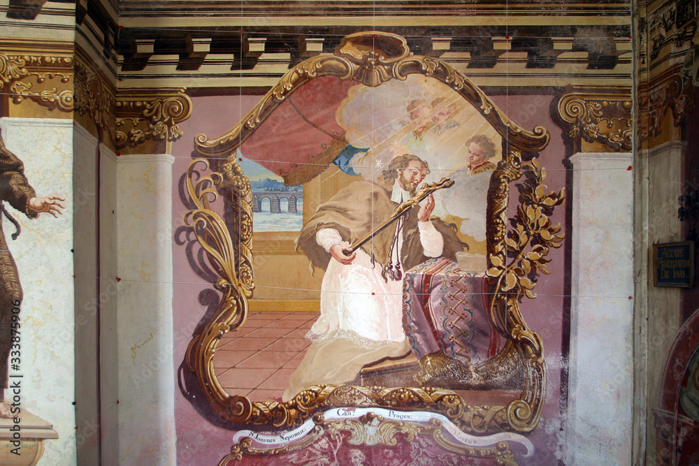 Saint John of Nepomuk, fresco in the Chapel of Saint John the Baptist in Gorica Lepoglavska, Croatia