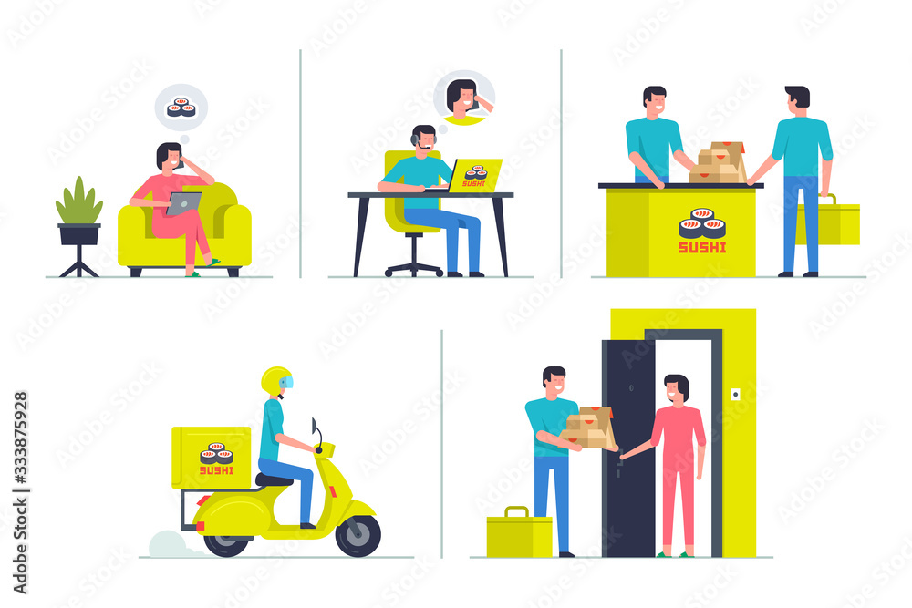 Order Sushi online (by phone), mobile app templates, concept flat design. Courier Delivering Food on scooter