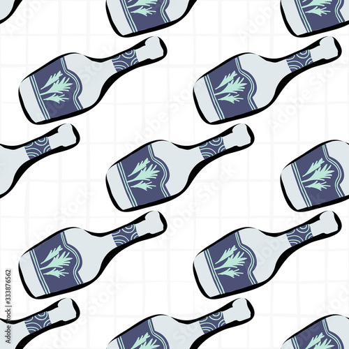 Funny glass bottle seamless pattern on stripes background. Alcohol rum bottles.