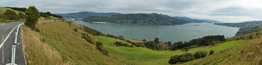 Panoramic view of Dunedin from High Cliff Road on South Island of New Zealand Panoramic view of Dunedin from High Cliff Road on South Island of New Zealand