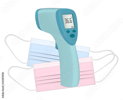 Non-contact digital body infrared thermometer with protective medical face masks. Virus protection and spread prevention. Realistic vector illustration