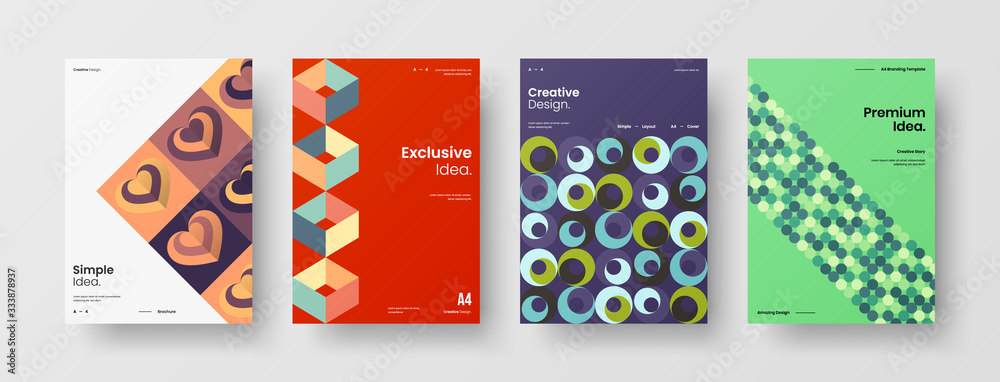Obraz premium Business presentation vector A4 vertical orientation front page mock up set. Corporate report cover abstract geometric illustration design layout bundle. Company identity brochure template collection.