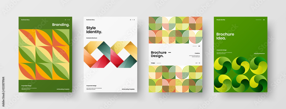 Fototapeta premium Business presentation vector A4 vertical orientation front page mock up set. Corporate report cover abstract geometric illustration design layout bundle. Company identity brochure template collection.