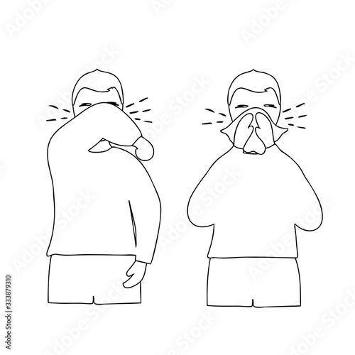 Man coughs at the elbow and napkin. Coronavirus disease prevention measures. How to sneeze and cough so as not to infect others. Vector outline illustration.