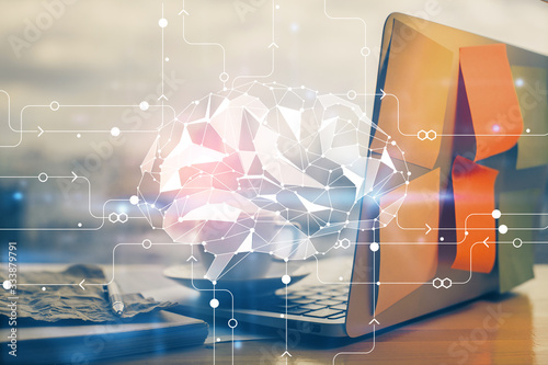 Multi exposure of work space with computer and human brain hologram. Brainstorm concept.