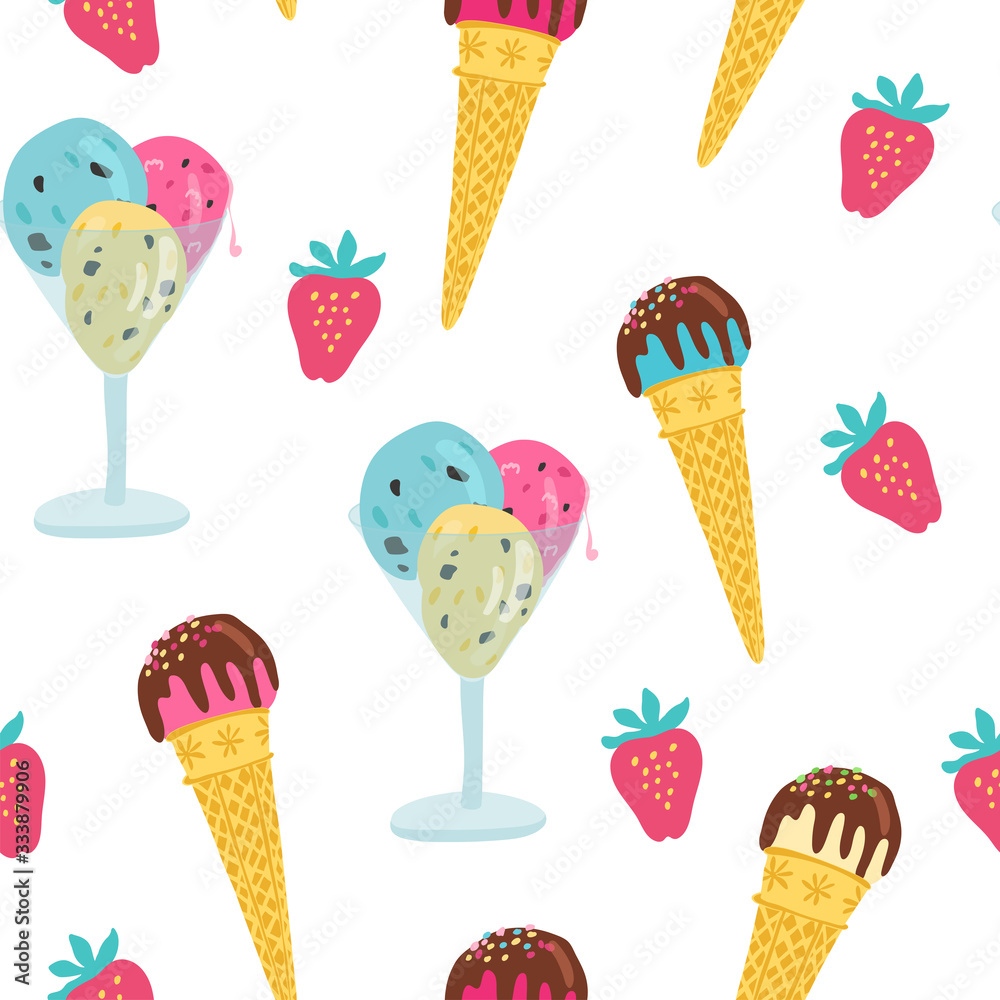 Vector seamless pattern with hand drawn strawberries, ice cream in waffle cones and glass cups on white. Great for fabrics, wrapping papers, covers. Vector seamless pattern with hand drawn strawberries, ice cream in waffle cones and glass cups on white. Great for fabrics, wrapping papers, covers.