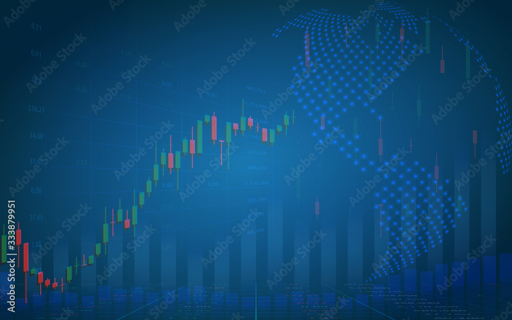 Stock market graph or forex trading chart for business and financial concepts, reports and investment on dark blue background.