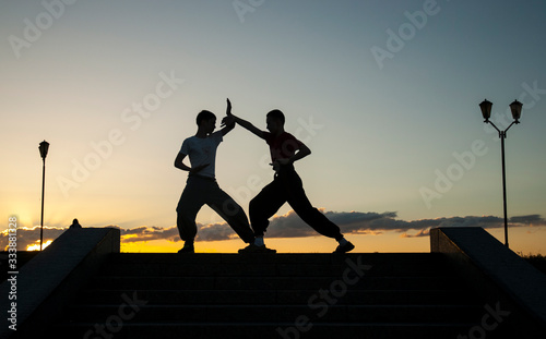 two kung fu warriors train against sunset sky