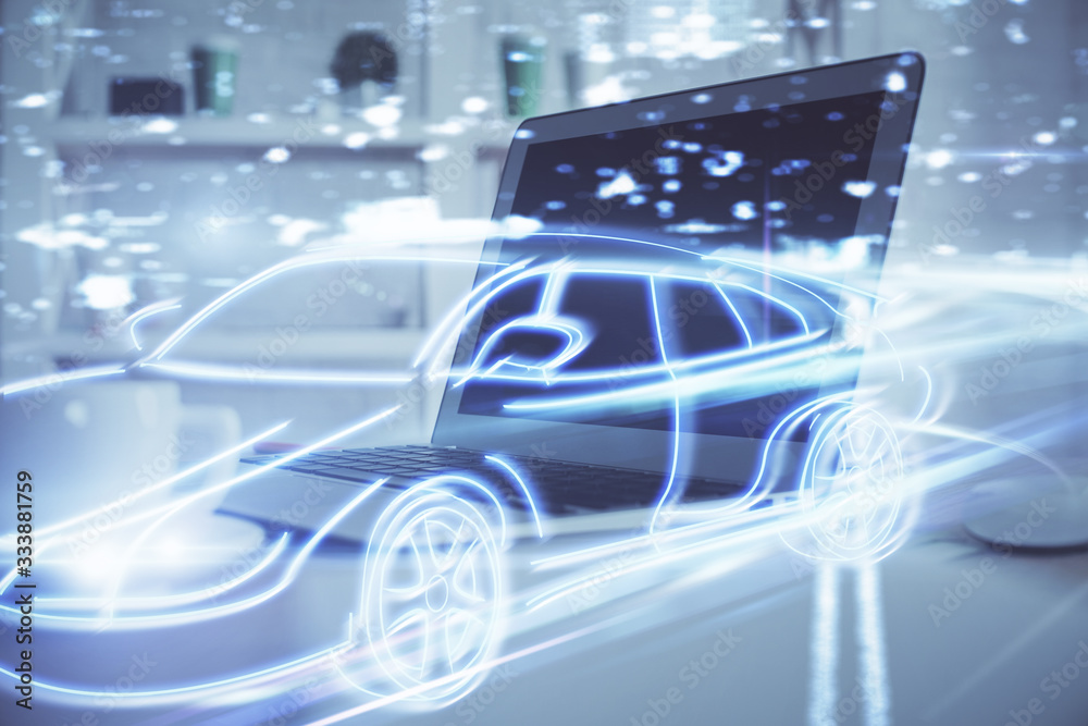 Desktop computer background in office with automobile hologram drawing. Multi exposure. Tech concept. Desktop computer background in office with automobile hologram drawing. Multi exposure. Tech concept.