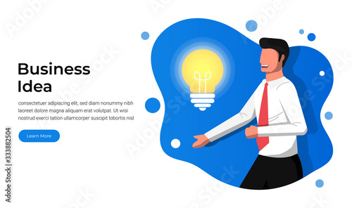 Businessman with his idea landing page concept. Employer happy with his brilliant idea. Professional worker with bulb symbol, vector illustration