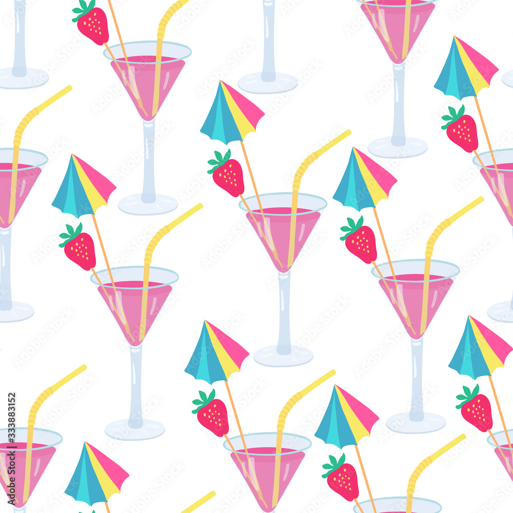 Vector seamless pattern with cocktails decorated with strawberries and colorful umbrellas. Great for fabrics, wrapping papers, covers. Hand drawn illustration on white background. Vector seamless pattern with cocktails decorated with strawberries and colorful umbrellas. Great for fabrics, wrapping papers, covers. Hand drawn illustration on white background.