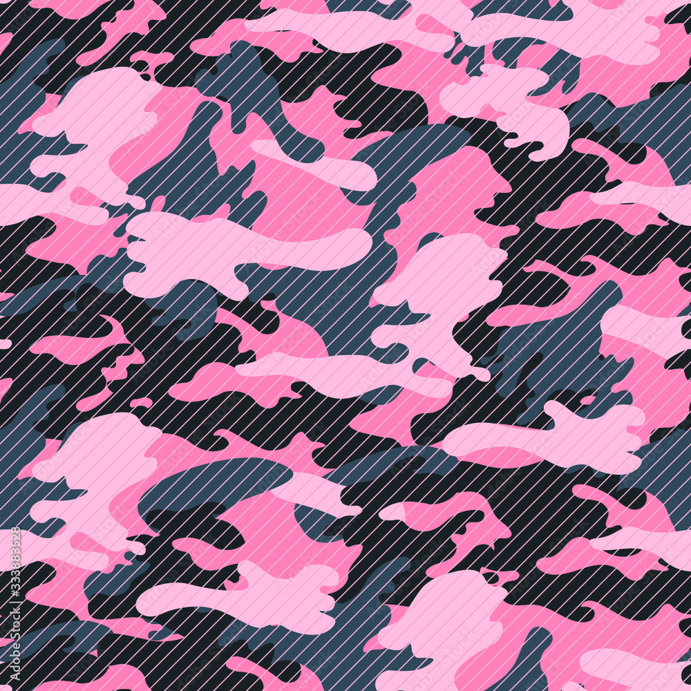 Camouflage pink seamless pattern with diagonal stripes. Clothing style with pink. Vector background.