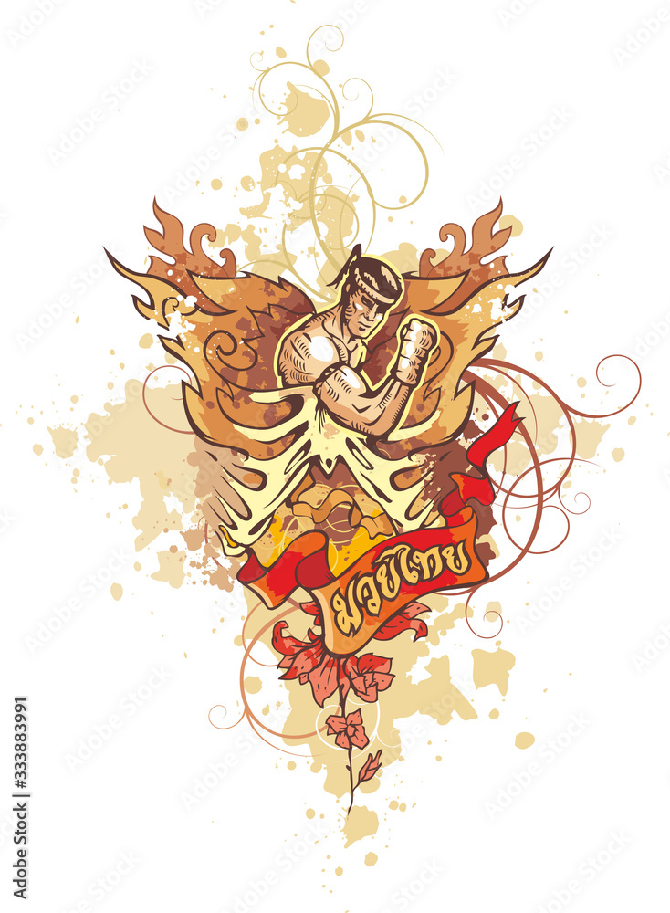 Colour Illustrated Muay Thai print with a portrait of a fighter in ...