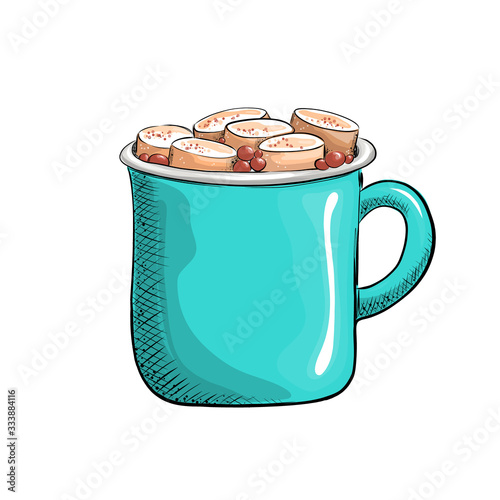Cup with coffee and marshmallows, delicious hot drink drawn in cartoon flat style. Vector for design t-shirts typography cards and posters.