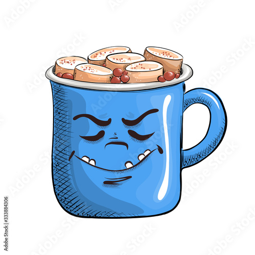 Cup of coffee with a sweet face filled with a hot drink and marshmallows. Vector for design t-shirts typography cards and posters. Funny cartoon picture in a flat style.