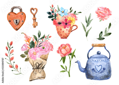Watercolor cute spring garden set with flowers, rustic vintage tea pot, padlo...