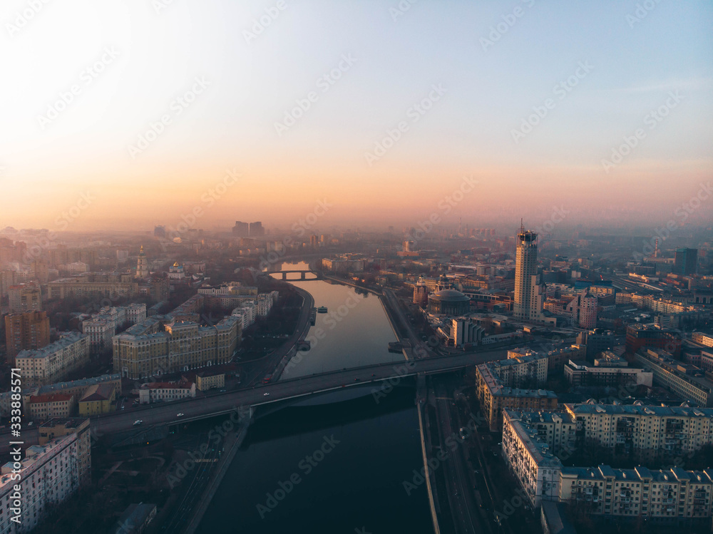 Embankment of the drainage canal aerial view at dawn in Moscow.