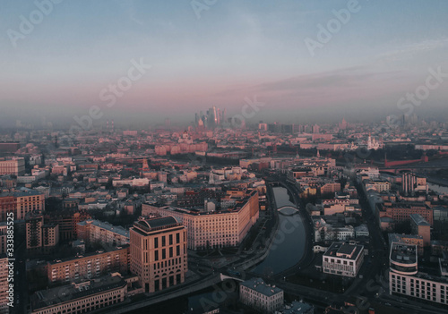 Embankment of the drainage canal aerial view at dawn in Moscow.