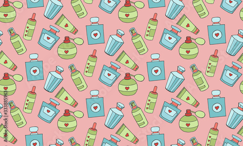 Doodle colorful cosmetic pattern. Fashion background with makeup items and perfumes. Hand drawn vector seamless pattern.