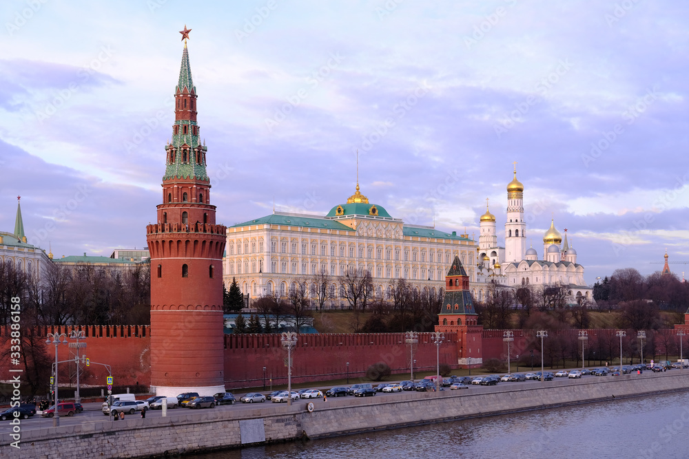 View from the Big stone bridge on the Kremlin embankment, the Moscow river, the Moscow Kremlin.