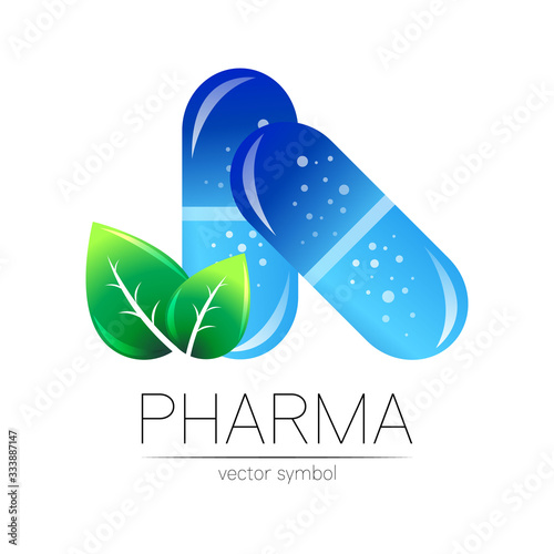 Pharmacy vector symbol with green leaf for pharmacist, pharma store, doctor and medicine. Modern design vector logo on white background. Pharmaceutical blue icon logotype tablet pill capsule. Health