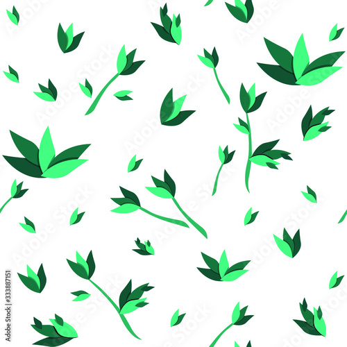Trend seamless tropical pattern with beautiful green leaves and plants, white background. Summer ornament. Beautiful seamless vector floral pattern. Trendy summer print, textile, wrapping papper
