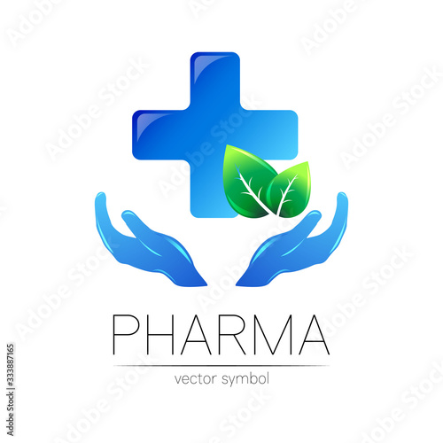 Pharmacy vector symbol with blue cross for pharmacist, pharma store, doctor and medicine. Modern design vector logo on white background. Pharmaceutical icon logotype with leaf and hands. Health