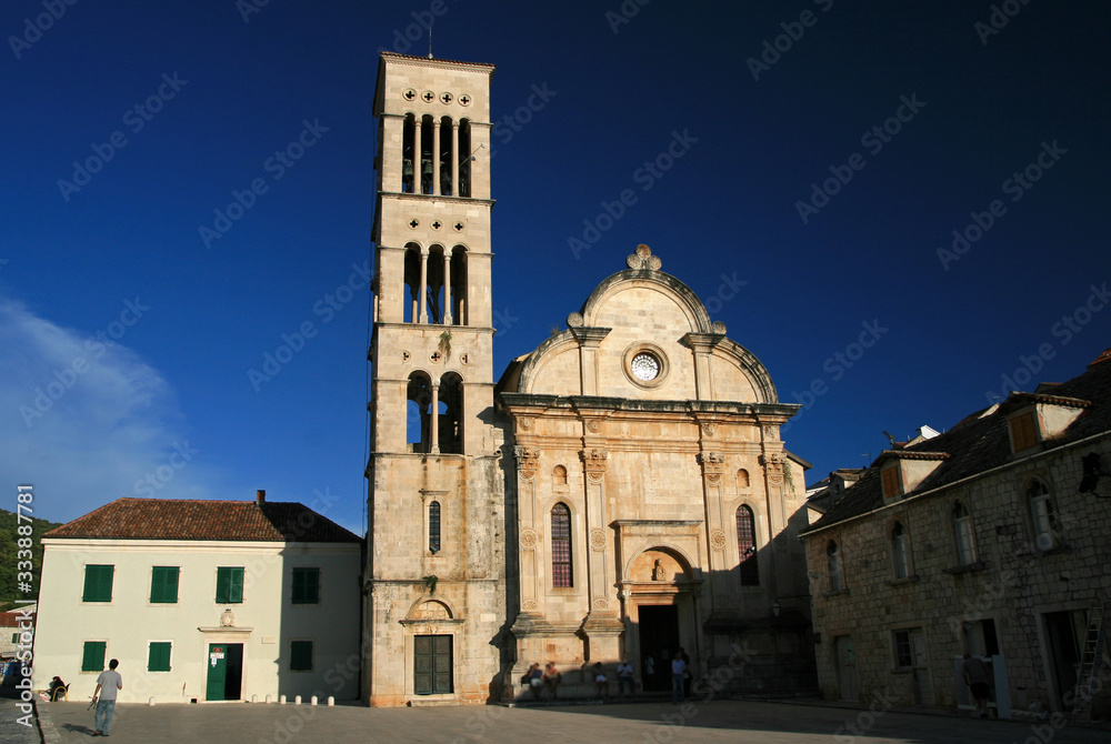 St Stephen's Cathedral and bell tower, Hvar city on Hvar island, Croatia