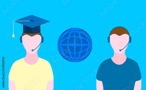 Vector illustration of distance learning via the Internet. The student and teacher communicate through headphones with a microphone.