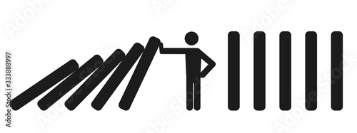 Man making a stop gesture to prevent dominoes from collapsing - stock vector