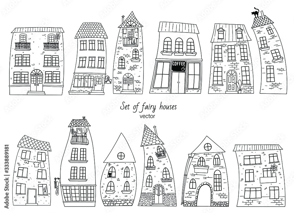 Set of outline drawing of houses, for printing, coloring, and other design elements. Vector illustration.