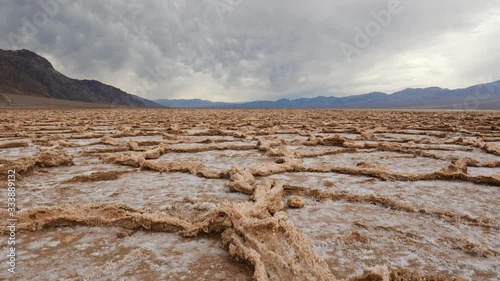 Badwater Basin, Death Valley National Park. California, USA. Steadicam shot of Salt Crust Formations in Death Valley, 4K