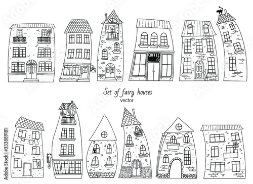 Set of outline drawing of houses, for printing, coloring, and other design elements. Vector illustration.