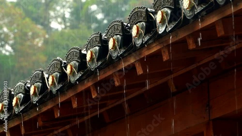 Closeup photography: Raindrops driping from the eaves of an ancient building