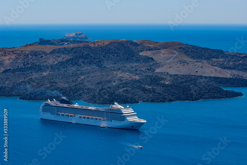 Cruise ship at anchor in the Gulf of Thira. Santorini, Cyclades Islands, Greece, Aegean Sea, Europe