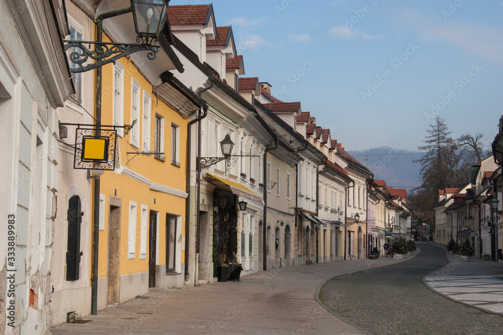 Picture form one of the nicest small cities in Slovenia, Kamnik. Traditional town building and street in historical centre.