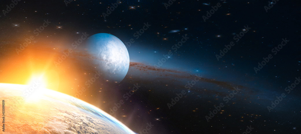 Landscape of Sunrise and Earth view from space. (Elements of this image furnished by NASA) - obrazy, fototapety, plakaty 