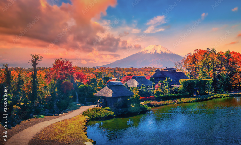 The ancient Oshino Hakkai village with Mt. Fuji in Autumn Season at Minamitsuru District, Yamanashi Prefecture, Japan.