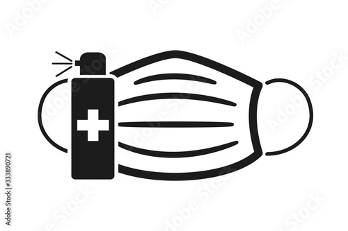 Protective alcohol hand sanitizer antiseptic and individual disposable hygienic face medical mask icons - stock vector