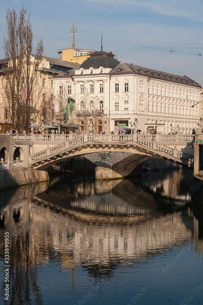 Ljubljana city centre. Famous Triple Bridge in Slovenian capital is one of the most popular landmarks.