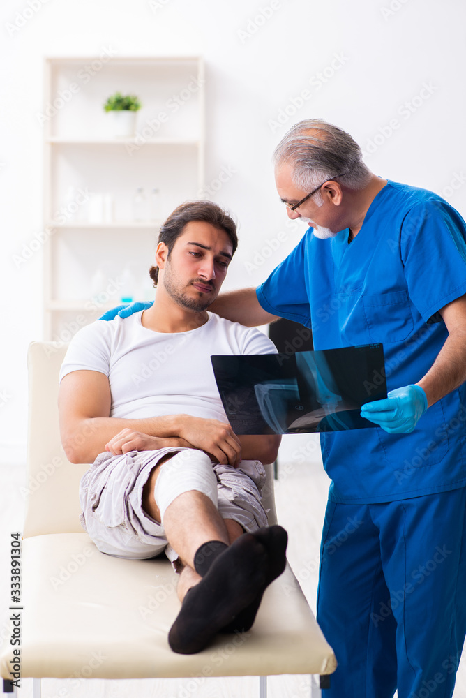 Fototapeta premium Leg injured man visiting old doctor in first aid concept