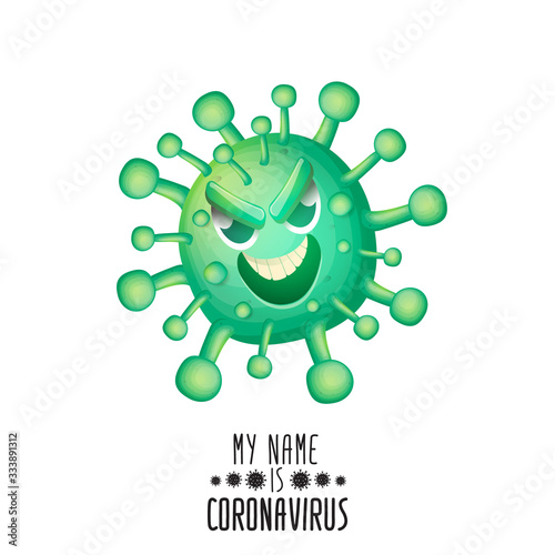 vector covid-19 virus novel coronavirus 2019-nCoV cartoon character isolated on white background. My name is coronavirus concept iilustration. Green virus cell microbe icon.