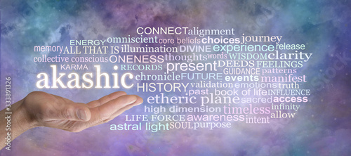 Insight into the Akashic Records Word Cloud - male open palm hand with the word AKASHIC above surrounded by a relevant tag cloud against a multicoloured celestial background photo