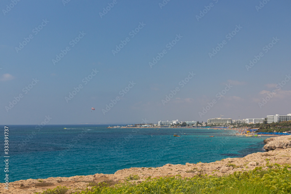 Seascape, view to rocks, sand beaches and hotels of Ayia Napa