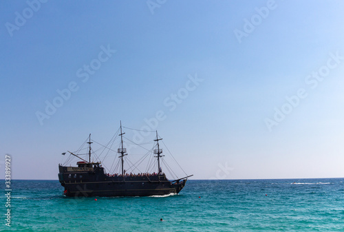 Ayia Napa, Cyprus - September 11, 2019: Tourist ship "Black Pearl Ayia Napa" near shore