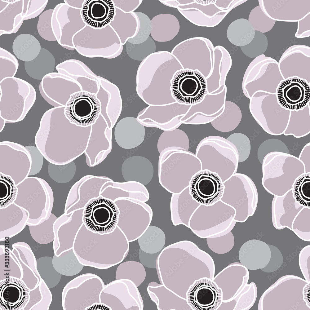 Fototapeta premium Pale Pink Anemone Flower Design Pattern on Grey Background